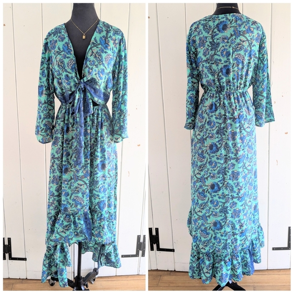 🌴Boho Tie Front Silk Blend Maxi Dress sz M - Picture 4 of 11